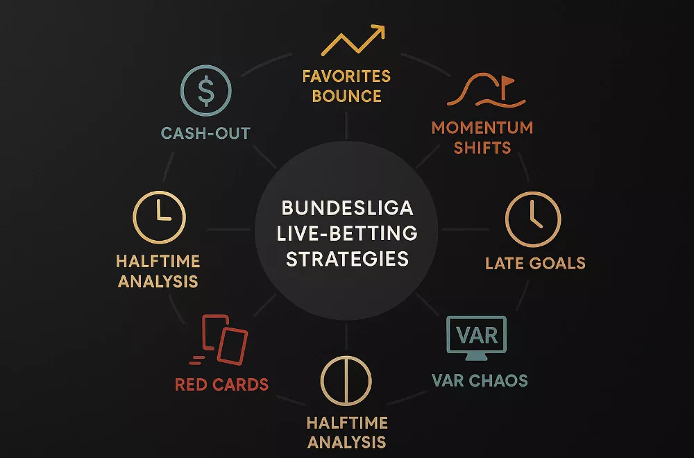Komplette Übersicht aller 7 Bundesliga Live-Wetten-Strategien im Radial-Layout mit Icons