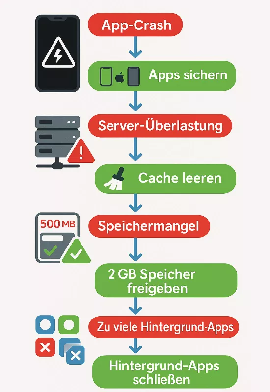 Diagnose-Flowchart für App-Abstürze: Server-Überlastung, Speichermangel und Hintergrund-Apps mit Lösungen