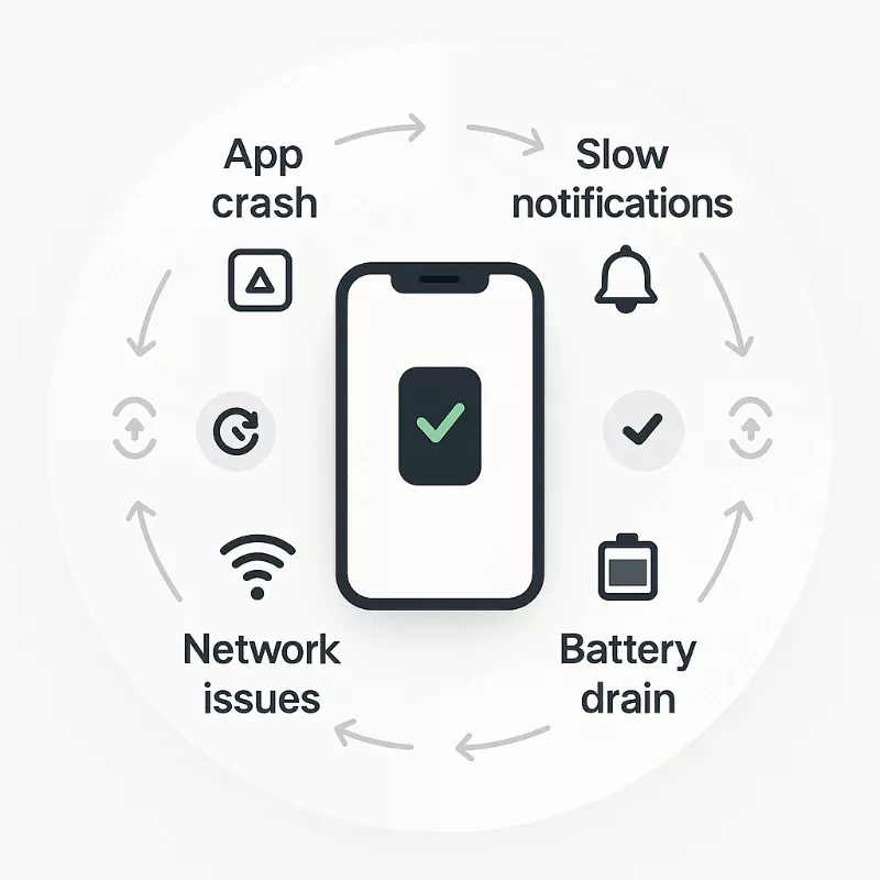 Flowchart mit häufigen Sportwetten-App-Problemen und ihren Lösungen: Crashes, Verzögerungen, Akkuprobleme