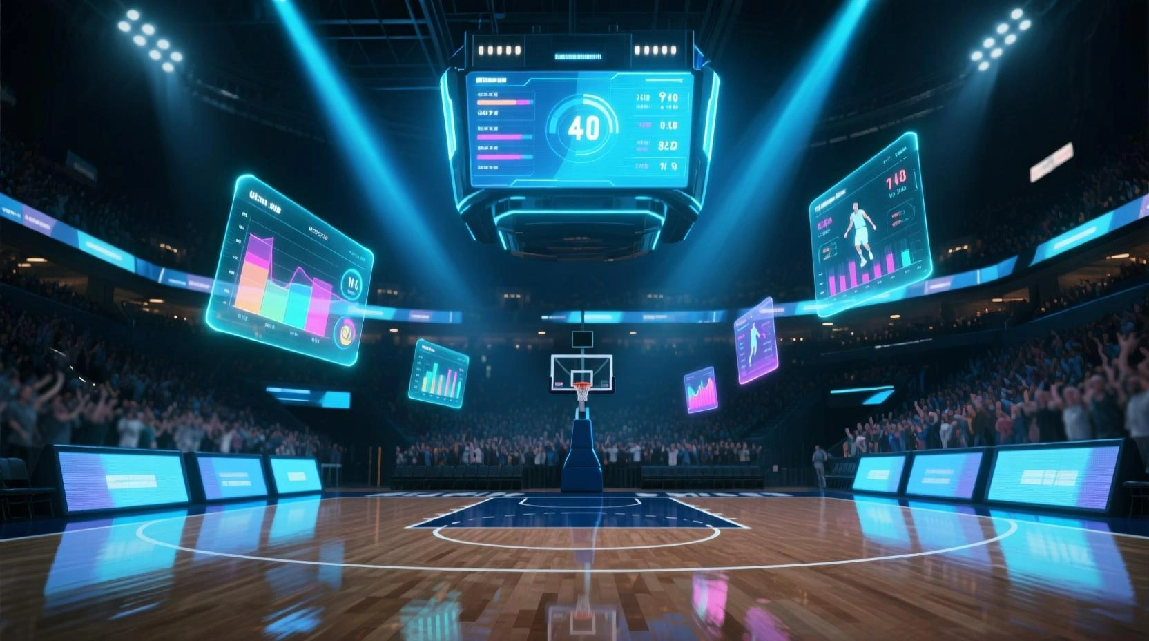 Basketballarena mit digitaler Anzeigetafel und schwebenden holographischen Statistiken
