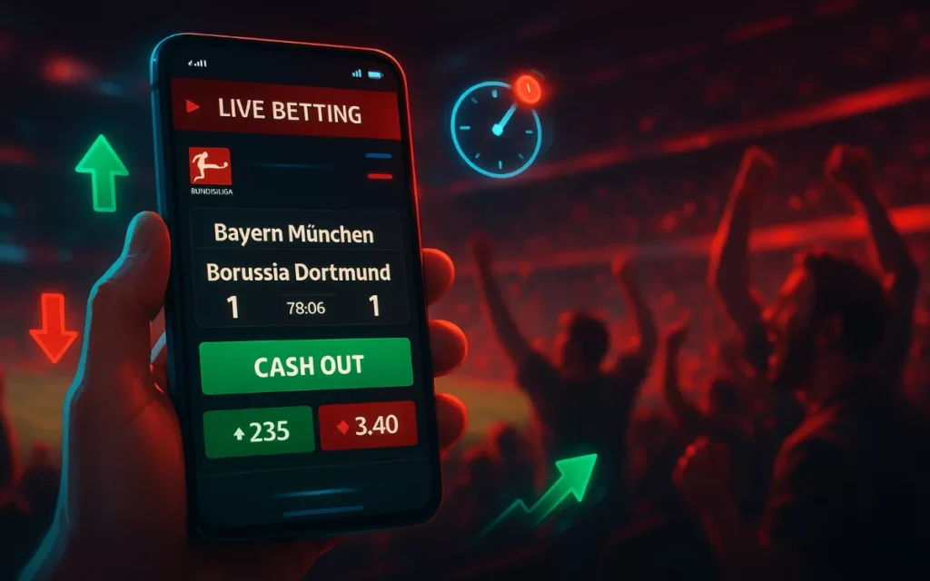 Bundesliga Live-Wetten in Echtzeit: Smartphone mit Wett-App zeigt Bayern gegen Dortmund mit Cash-Out-Option