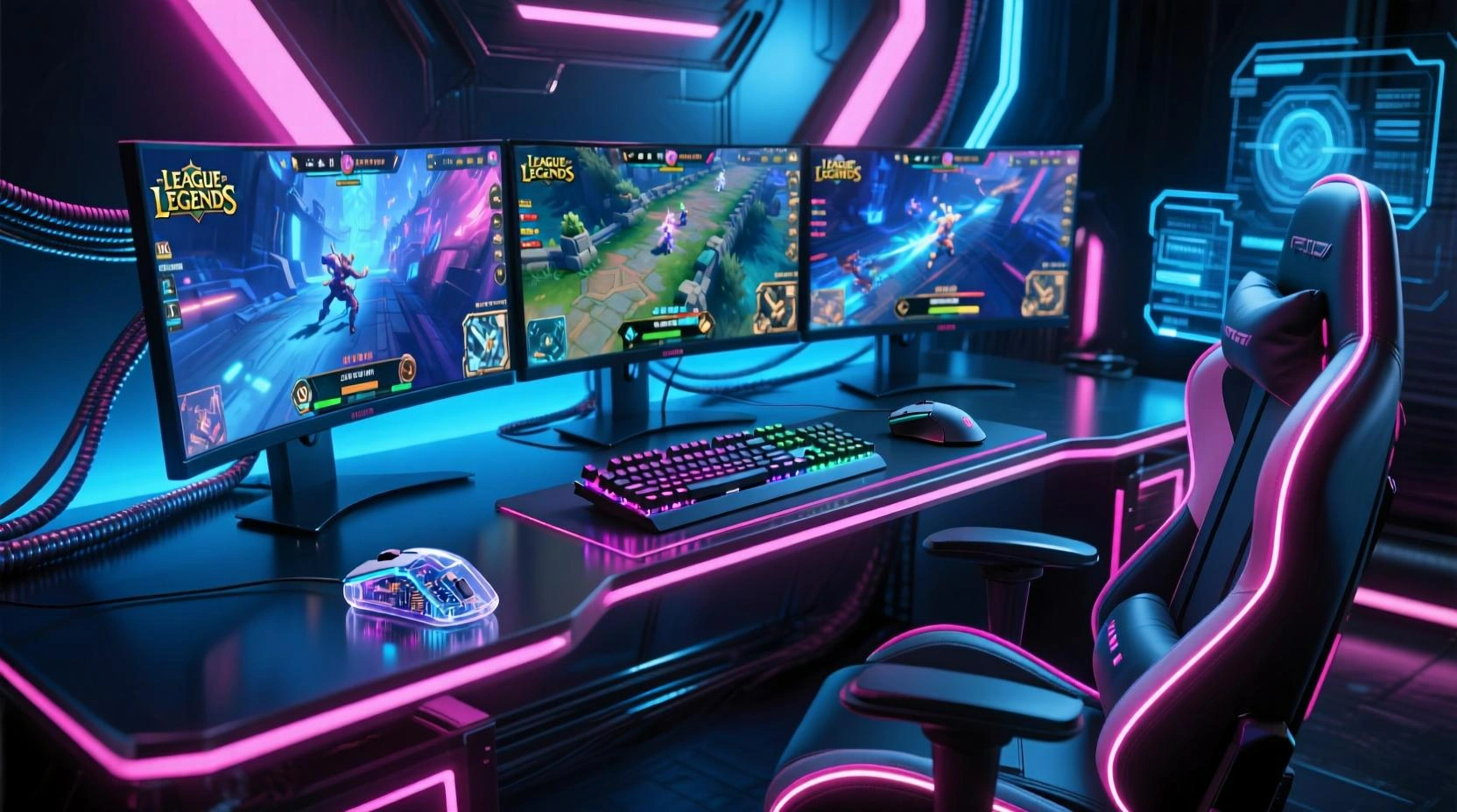 Professionelles E-Sports Gaming-Setup mit mehreren Monitoren und neon Beleuchtung