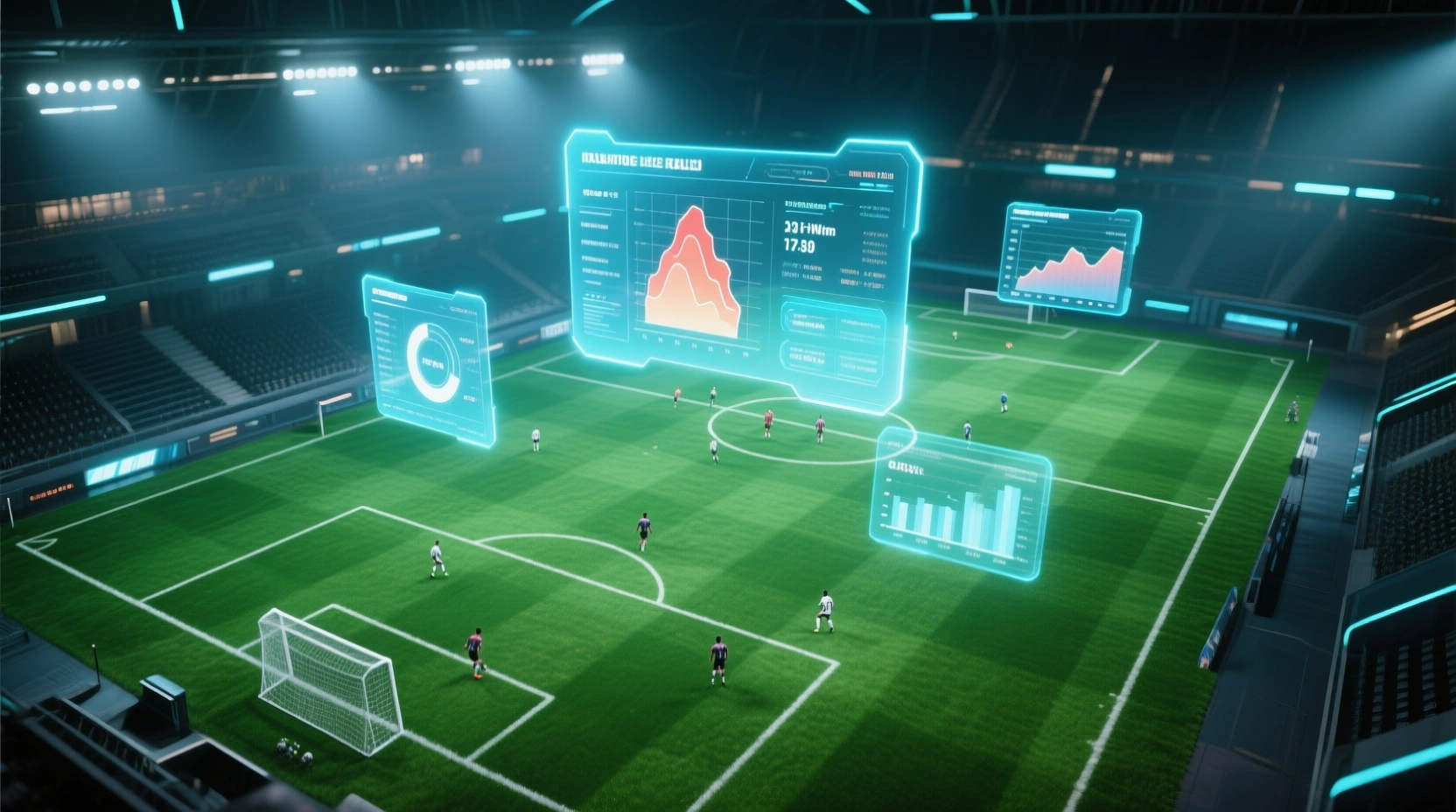 Fußballfeld mit digitalen Datenüberlagerungen und Statistiken