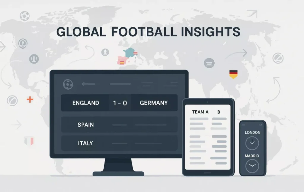 Internationale Fußballligen tracken: Premier League, LaLiga und Serie A auf mehreren Bildschirmen mit Weltkarte