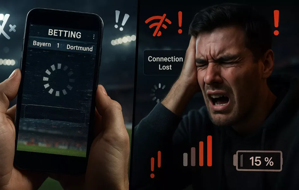 Technische Probleme beim Sportwetten-Tracking: Smartphone mit eingefrorener Wett-App und Fehlermeldungen