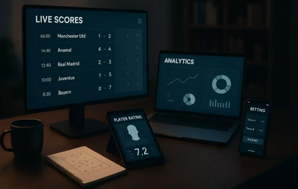 Professionelles Sportwetten-Tracking Setup mit mehreren Bildschirmen, Tools und Analyse-Plattformen