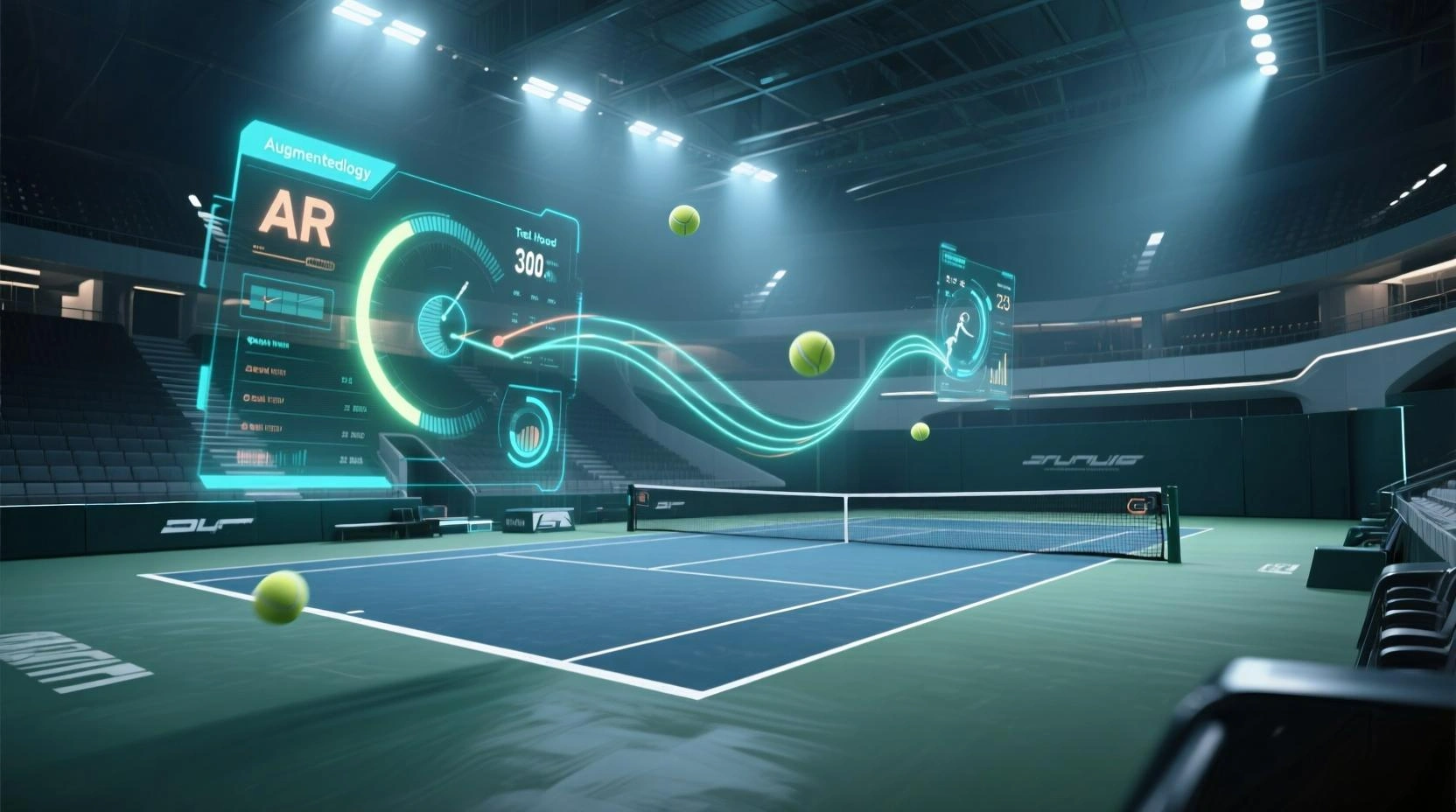 Tennisplatz mit AR-Datenüberlagerungen für Aufschlaggeschwindigkeit und Spielerstatistiken