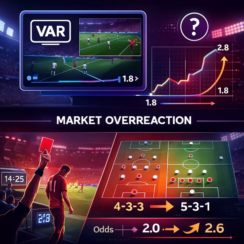 Doppel-Darstellung: VAR-Überprüfung mit Quotenschwankungen und Rote Karte mit taktischer Umstellung