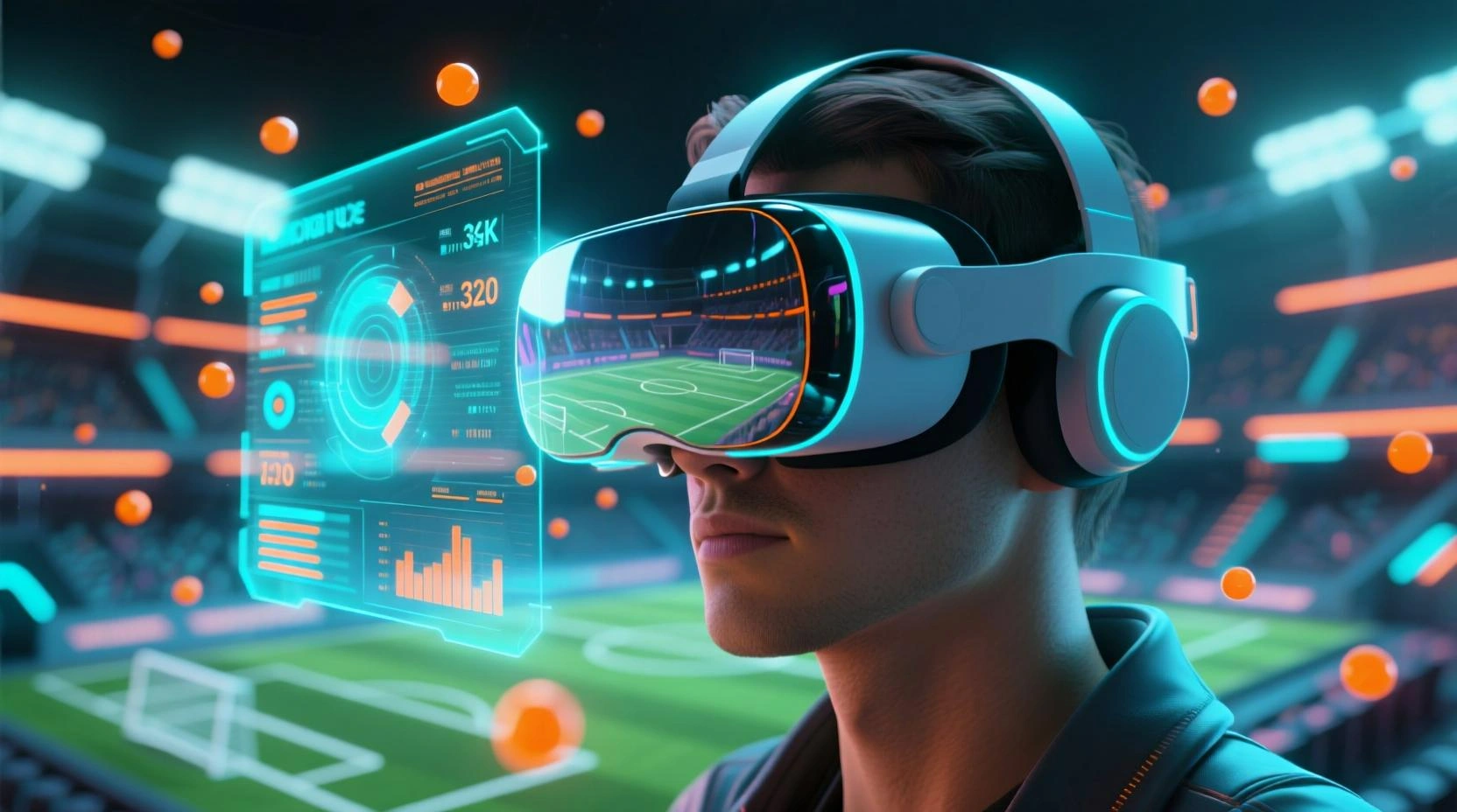 Person mit VR-Brille umgeben von virtuellen Sportstadien und schwebenden Statistiken