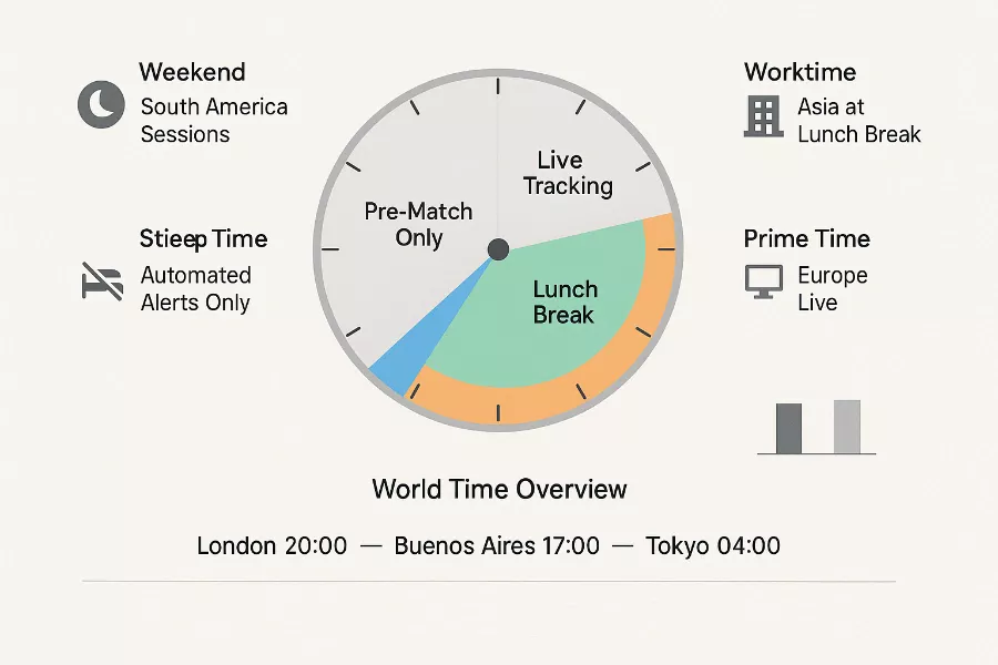 Zeitzone-Management-Guide: 24-Stunden-Uhr mit optimalen Wett-Fenstern für Europa, Südamerika und Asien